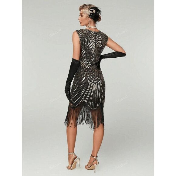 ✨ Flapper Great Gatsby 1920s Retro Tassel Fringe Gold Sequin Dress SIZE XL NEW - Picture 6 of 15